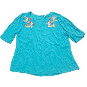 This & That Shirt Women XXL Blue Floral Embroidered Boho Half Sleeve Blouse Top